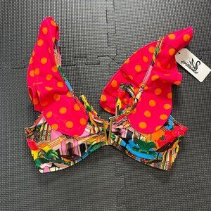 Sporlike Womens Ruffled Bikini Top With Polka Dot & Tropical Print Push-Up Style